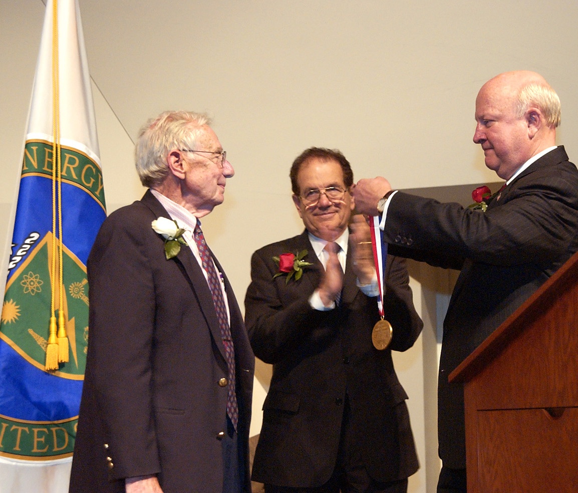 Art Rosenfeld, left, receives the Enrico Fermi Award.