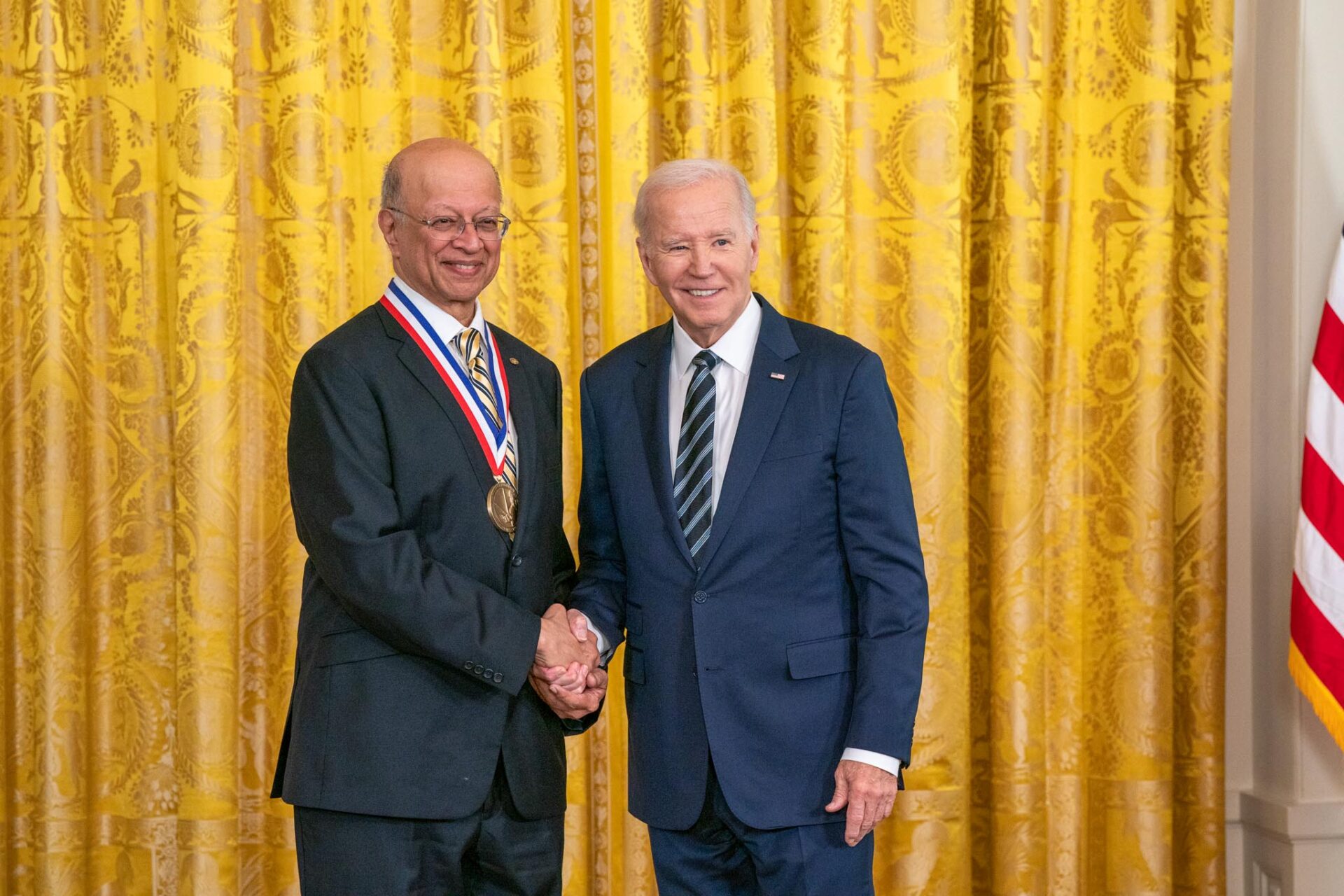 President Biden awards Ashok Gadgil the National Medal of Technology and Innovation during an awards ceremony in the East Room of The White House, Oct. 24, 2023. Photo by Ryan K. Morris